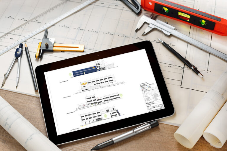 Am Tablet ist die 2D-Visualisierung des neuen Zubaus dargestellt